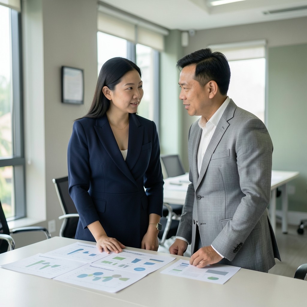 Two colleagues discussing printed category charts in a bright Hanoi meeting room