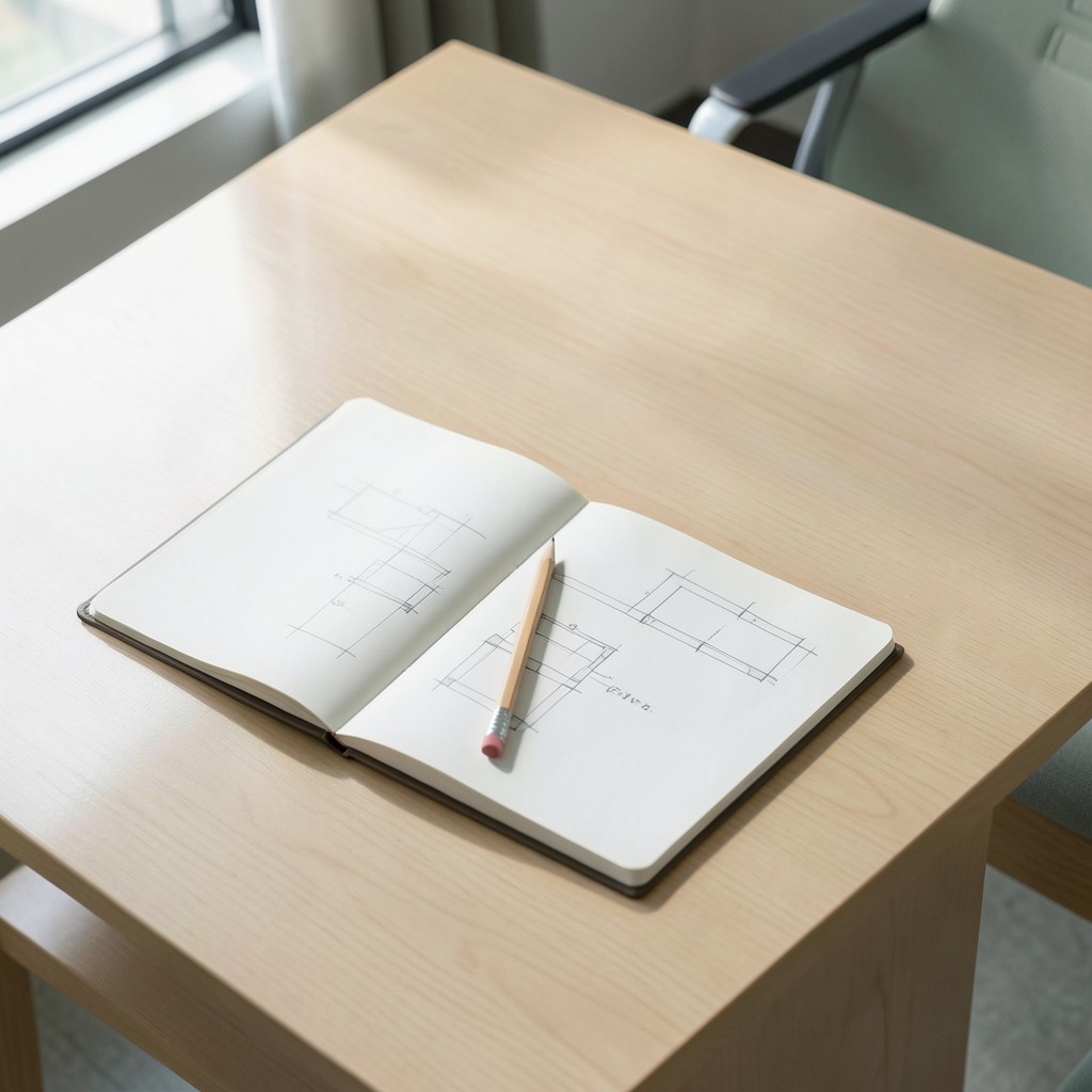 Notebook and category planogram sketches on a wooden table in a bright Hanoi office