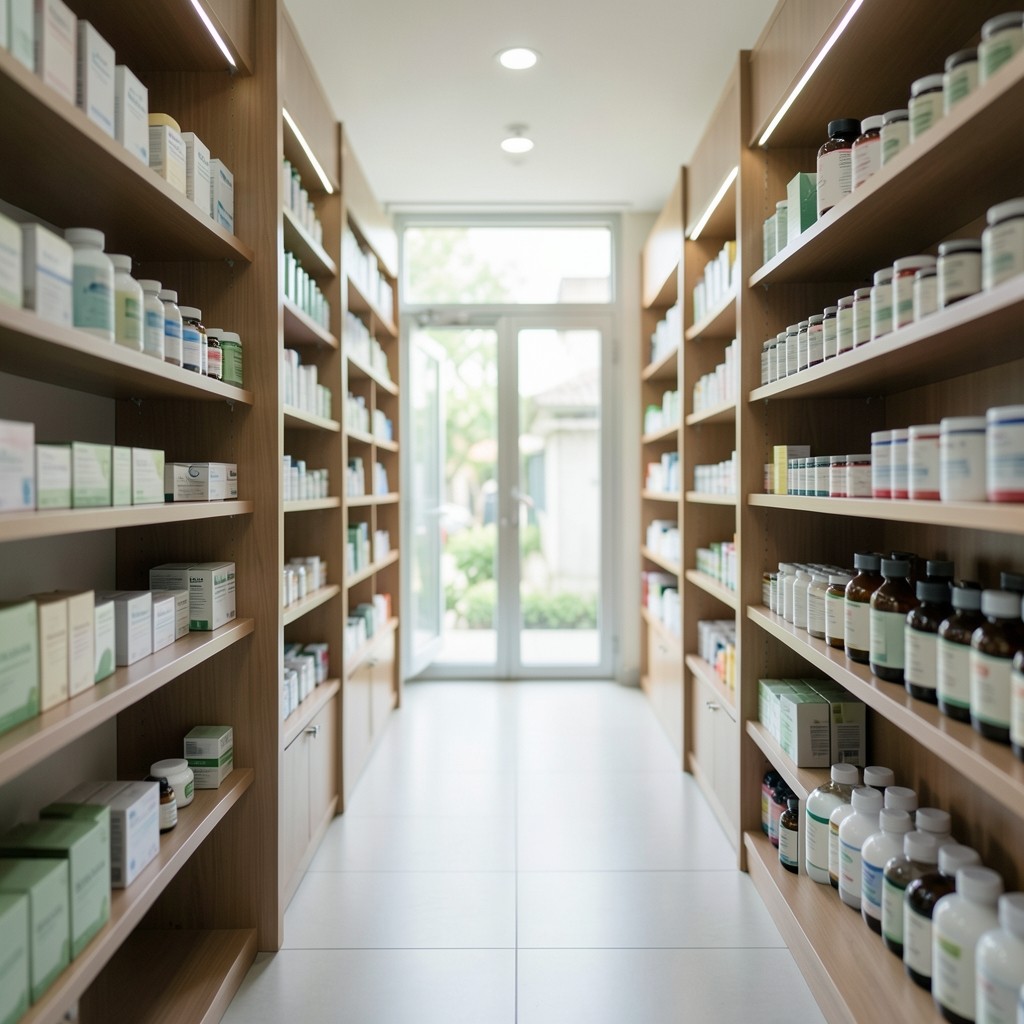 Quiet pharmacy aisle with wellness products arranged along soft daylight shelves