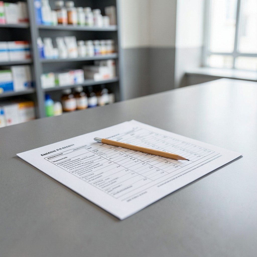 Analyst reviewing printed pharmacy sales summaries beside category shelves